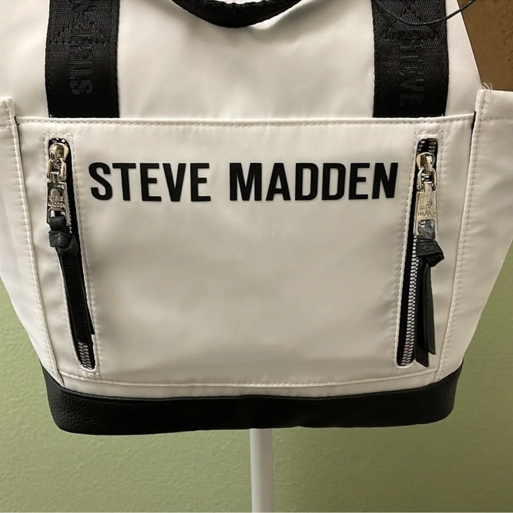 Steve Madden Btheda White with Black Logo Straps Backpack & Bag. - Picture 6 of 7